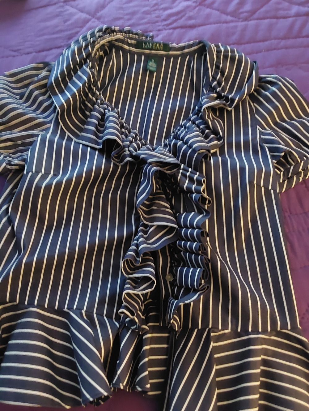 Navy and White Striped Ruffle Front Blouse